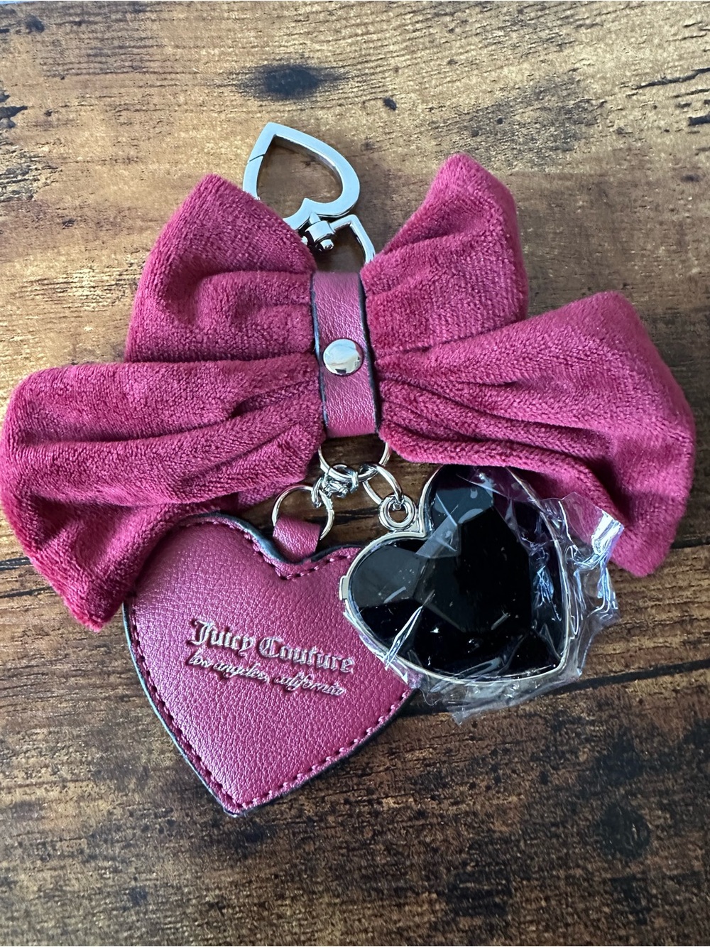 Juicy Couture Rose Red Bow Heart Bag Charm Keychain with Black Heart Charm NWOT